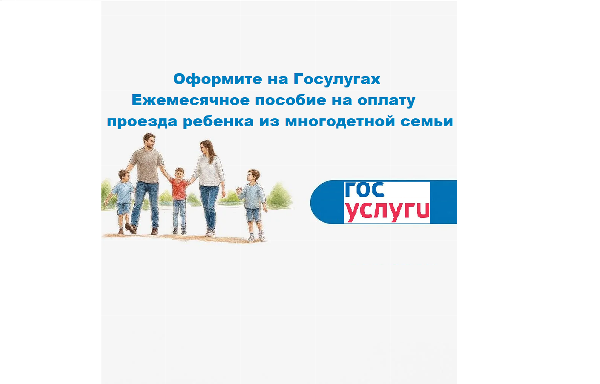 Теперь на предоставление ежемесячной денежной выплаты на оплату проезда многодетным семьям Вы можете подать через портал Госуслуги
